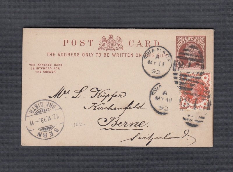 UK 1890’s 2X UPRATED PS CARD & REPLY CARD MARPLE & SWANCE TO SWITZERLAND