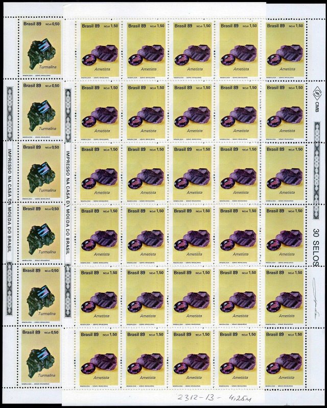 Brazil 2198-2199 sheets,MNH.Michel 2312-2313. Minerals 1989.Tourmaline,Amethyst.