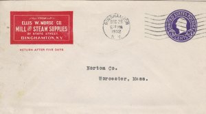 U.S. ELLIS W. MORSE CO. Steam Supplies,Binghamton Logo 1932 Pre Paid Cover 47380