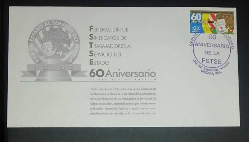 A) 1998, MEXICO, FEDERATION OF STATE WORKERS UNIONS, FDC, POSTMARK OF THE 60TH A 