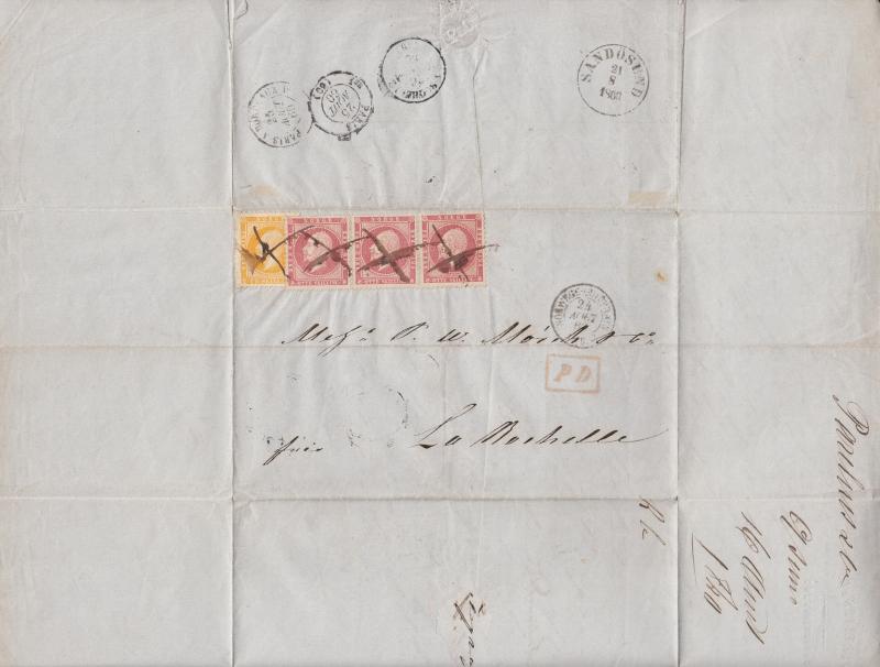 Norway Sc 2, 5 used on 1860 SFL CHRISTIANSUND-LAROCHETTE, Norwege-Quievrain CDS