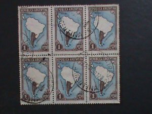 ​ARGENTINA-1935 SC#446 MAP OF SOUTH AMERICA- USED BLOCK  WE SHIP TO WORLDWIDE