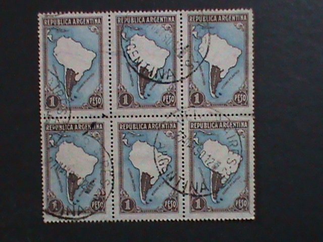 ​ARGENTINA-1935 SC#446 MAP OF SOUTH AMERICA- USED BLOCK  WE SHIP TO WORLDWIDE
