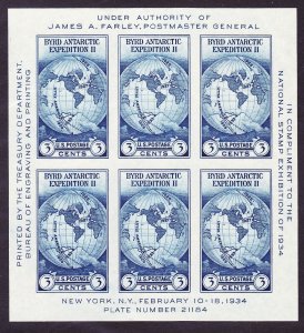 US 735 MNH 1934 Byrd Antarctic Expedition II Farley IMPERF Souvenir Sheet of 6