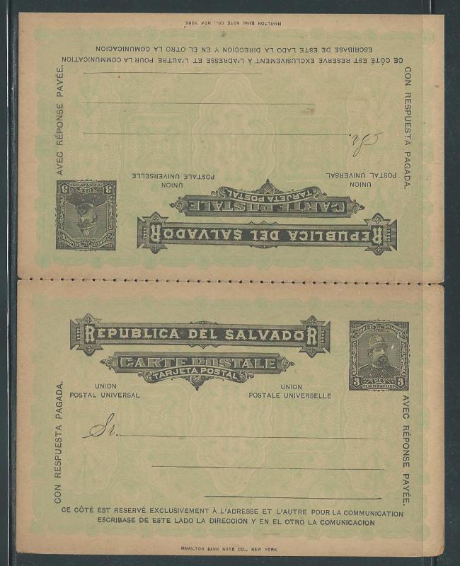 Salvador Stationery 1893 Postcard H&G 23 Mint