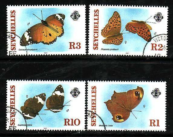 Seychelles-Sc#610-13- id7-used set-Insects-Butterflies-1987-