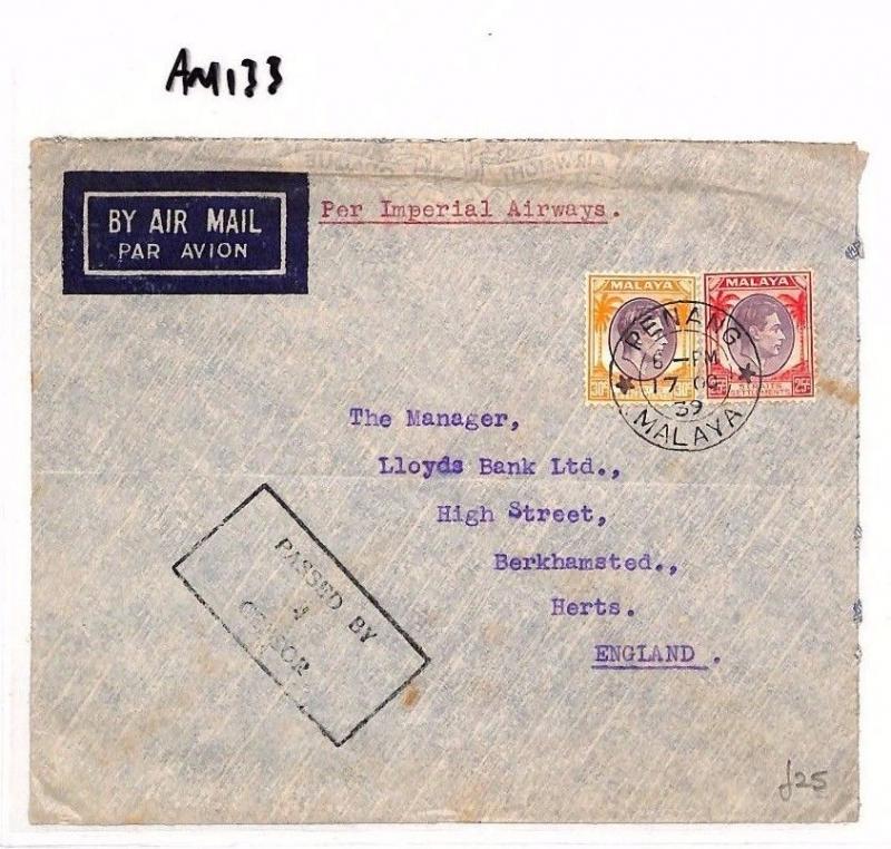 AM133 1939 WW2  MALAYA Penang to GB Herts Airmail Cover. Censor