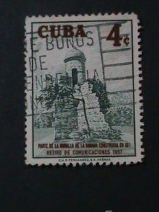 ​CUBA-1957-SC#585 FORTIFICATION-HAVANA-USED-VF-67 YEARS OLD STAMP-FANCY CANCEL