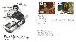 US FIRST DAY COVERS LEGENDS OF AMERICAN FOLK MUSIC SET OF 4 ON 2 CACHETS 1998