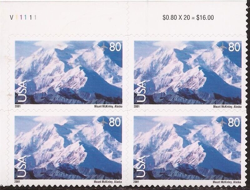 US Stamp 2001 80c Mount McKinley Plate Block of 4 Airmail Stamps MNH #C137