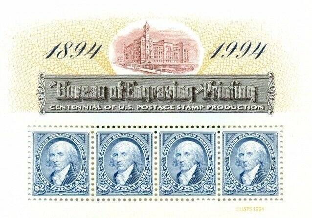 US: 1994 BUREAU of ENGRAVING and PRINTING S/S Sc 2875; Four $2 Values