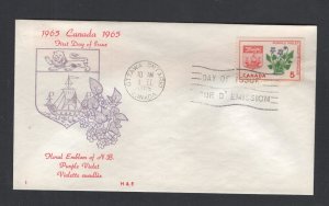 Canada #421  (1965 New Brunswick Violet flower)  FDC H&E cachet unaddressed