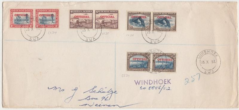 SOUTH WEST AFRICA 1952 OFFICIAL PAIRS REGISTERED COVER TO SOUTH AFRICA