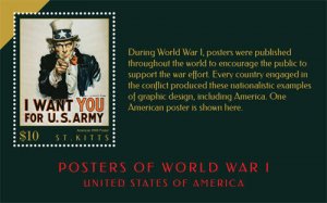 SAINT KITTS 2015 - POSTERS OF WORLD WAR I: USA STAMP SOUVENIR SHEET - MNH