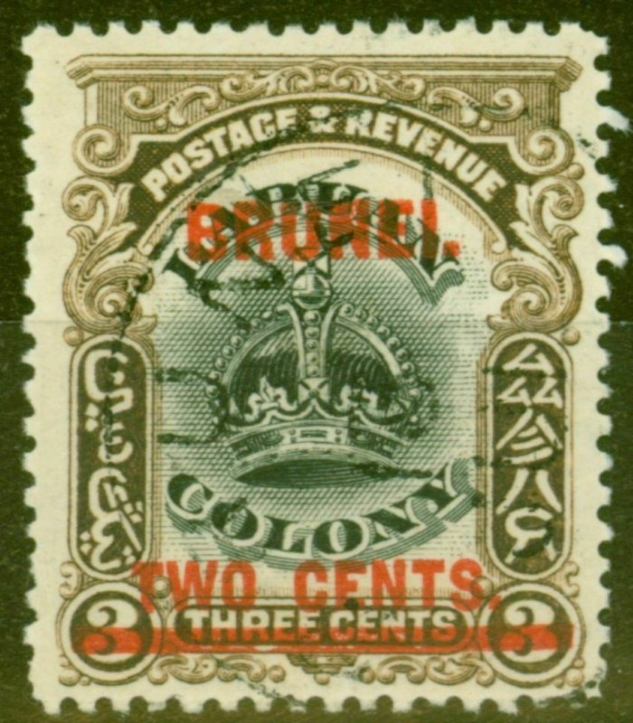 Brunei 1906 2c on 3c Black & Sepia SG12c Line Through B V.F.U Rare