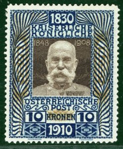 AUSTRIA High Value Scott.144 10kr Franz Josef (1910) Mint MNH Cat $360+ BLACK14