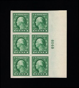 GENUINE SCOTT #481 XF MINT PRISTINE OG NH PLATE #8068 BLOCK OF 6 IMPERF UNWMK