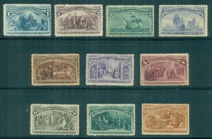 US #230-39, 1¢ - 30¢ Columbians, all unused no gum or regummed, F/VF, Scott $796