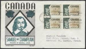 1958 #379 Founding of Quebec FDC Block Cachet Craft/Boll Cachet Ottawa