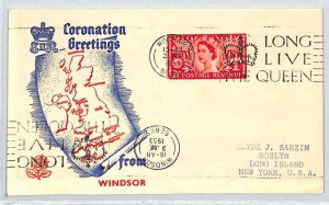GB QEII 1953 FDC *Windsor* CORONATION GREETINGS Illustrated ROYALTY Slogan XE37