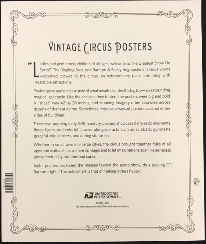 4898-4905   Vintage Circus Posters   MNH Forever pane of 16    FV $10.88  2014