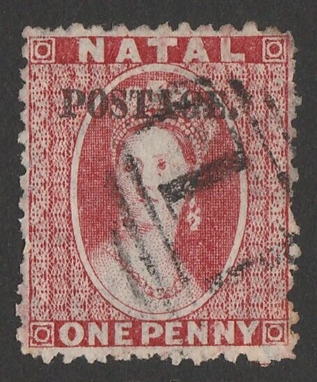 NATAL 1869 'POSTAGE' on QV Chalon 1d bright red, wmk crown CC reversed