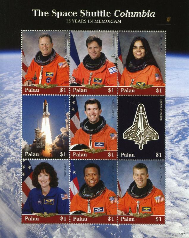 Palau Stamps 2018 MNH Space Shuttle Columbia 15 Yrs Memoriam 9v M/S