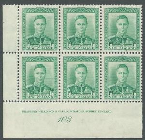 NEW ZEALAND GVI 1d green plate block #103 mint hinged......................11367