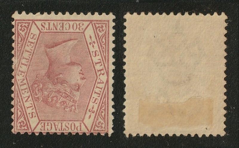 Malaya Straits Settlements 1891 QV 30c CA MH Wmk Inverted SG#69w M2158