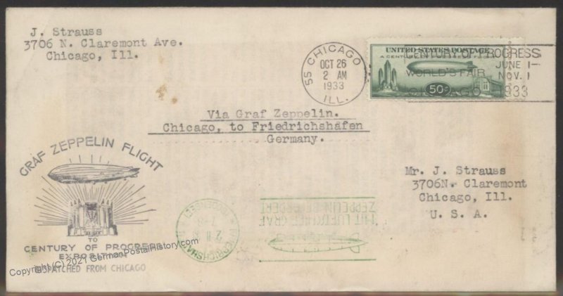 USA 1933 Graf Zeppelin Si244C Century of Progress C18 ILLUSTRATED Cover C 103375