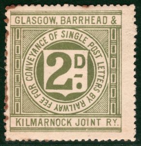 GB SCOTLAND RAILWAY 2d Letter Stamp GLASGOW BARRHEAD KILMARNOCK (1891) Mint BRW3