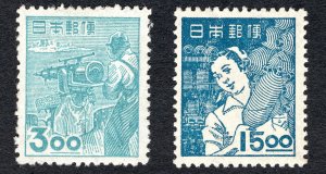 Japan 1949 3y & 15y  Stamps #426 & 431 MNH CV $12