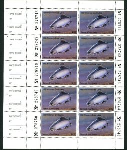 WISCONSIN 1988 STATE SALMON &TROUT STAMP FULL NH PANE OF 10 by William Millonig