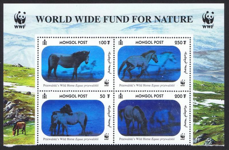 Mongolia WWF Przewalski's Horse Block of 4 with WWF Logo SG#2857-2860 SC#2441