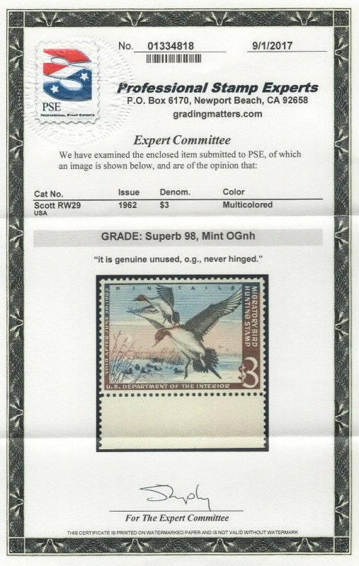 #RW29 Mint 98 NH Superb with PSE Cert SMQ $350. (GP2 7/22/2019) 