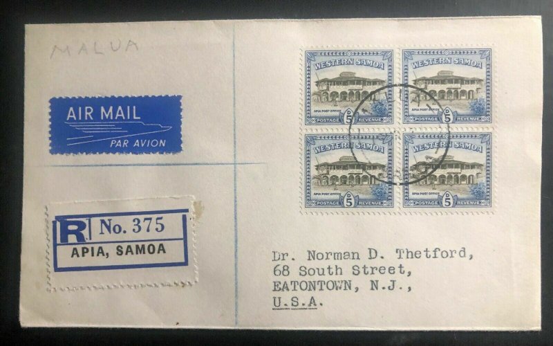 1949 Malua Samoa Airmail Registered cover To Eatontown NJ Usa