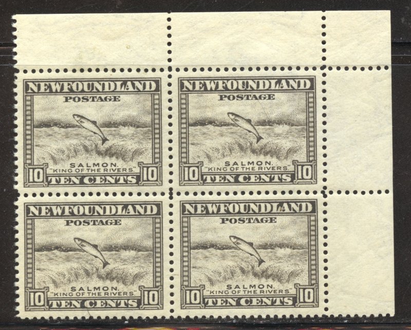 Newfoundland Scott 260 MNHOG Block of 4 - 1941 Salmon Leaping falls - SCV $5.80