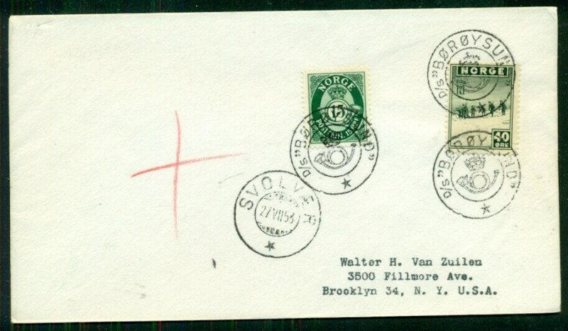 NORWAY 1953, Crown & Posthorn Ship cancel D/S BOROYSUND on VF cover