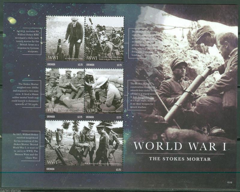 GRENADA  2015 WORLD WAR I THE STOKES MORTAR  SHEET MINT NH 