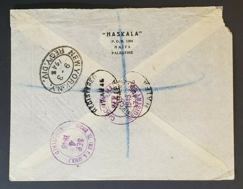 1945 Haifa Palestine to Chicago IL Registered Haskala Advertising Air Mail Cover