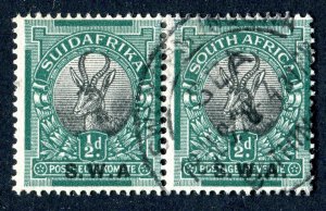 South West Africa 1927. Pair of 1/2d stamps. Used. NO STOP AFTER 'A'...