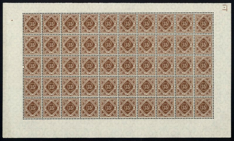 w11 Wurttemberg Scott #O25 35pf brown Mint OG NH full pane of 50. Scarce!