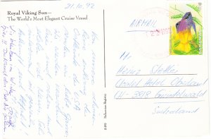 BAHAMAS cover postmarked M/S Royal Viking, 21 Oct.1992 - postcard to Switzerland