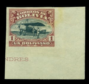 BOLIVIA 1924 Airmail - Aviation School  1b red brown Sc# C5var   IMPERFORATED