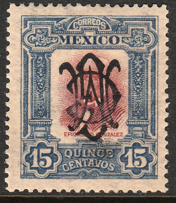 MEXICO 461SP, 15¢ VILLA MONOGRAM REVOLUT OVPERPRINT INVERTED UNUSED, H OG. VF.