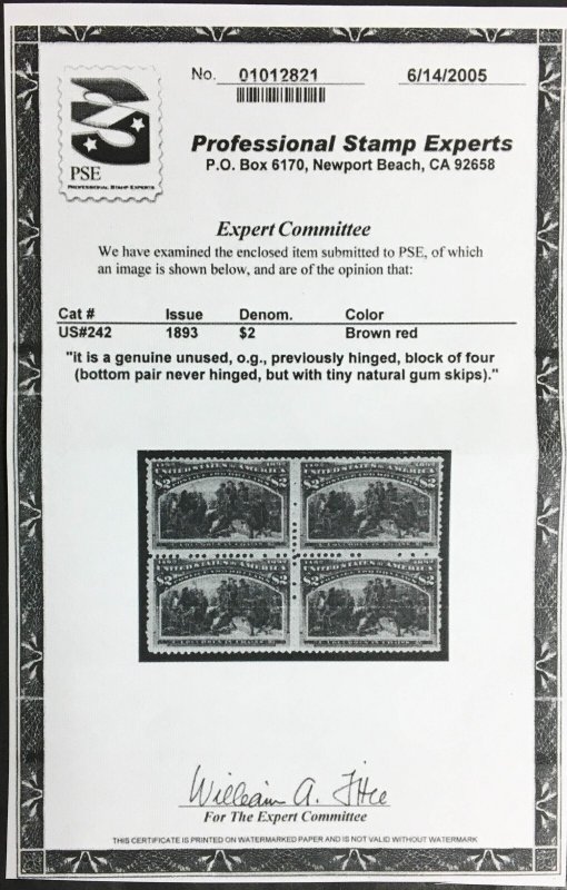 MOMEN: US STAMPS #242 $2 COLUMBIAN MINT OG LH PSE & PF CERTS LOT #94859