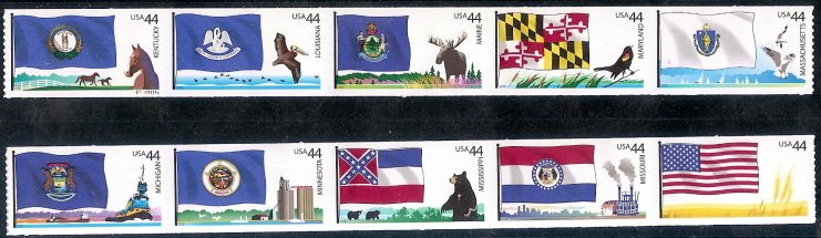 4293-4302, (2)strips of 5. Flags of Our Nation Set#3, 44 cent