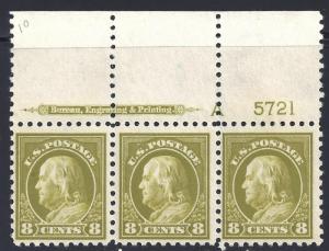 U.S. 431 Mint/MNH FVF Plate Strp/3 SCV$200.00+ (431-7)