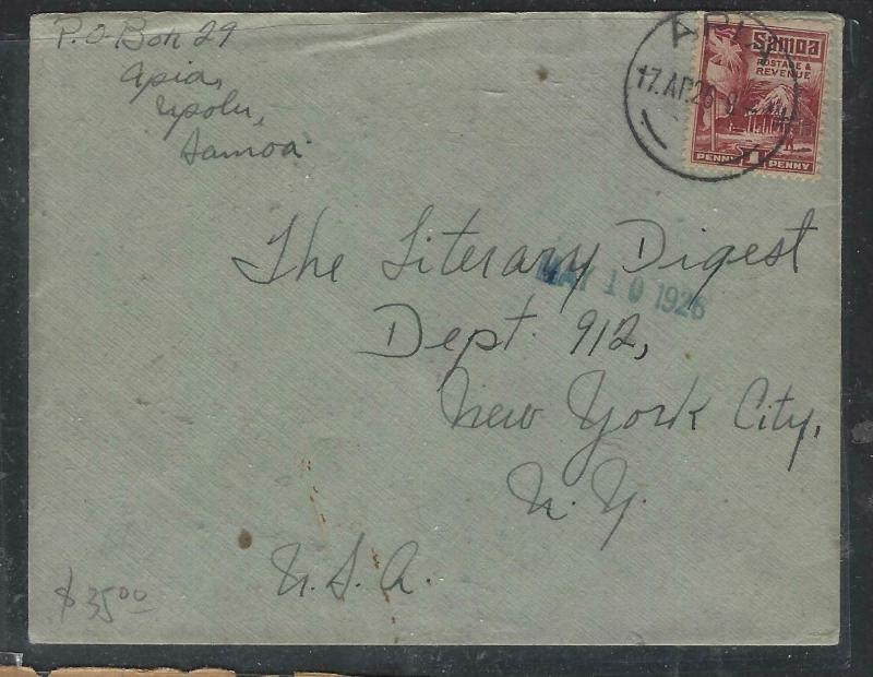 SAMOA COVER  (P1005B)  1926 HUT 1D  ON  COVER  APIA TO USA