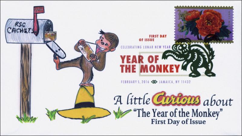 2016, Year of the Monkey, FDC, Digital Color Postmark, Lunar New Year, 16-044